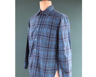 Vintage 1970s Pendleton wool shirt - teal blue plaid - Ivy League style - 44” chest