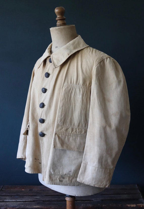 Vintage 1920s 20s 1930s 30s French army military bourgeron jacket work workwear cropped 46” chest khaki tan brown