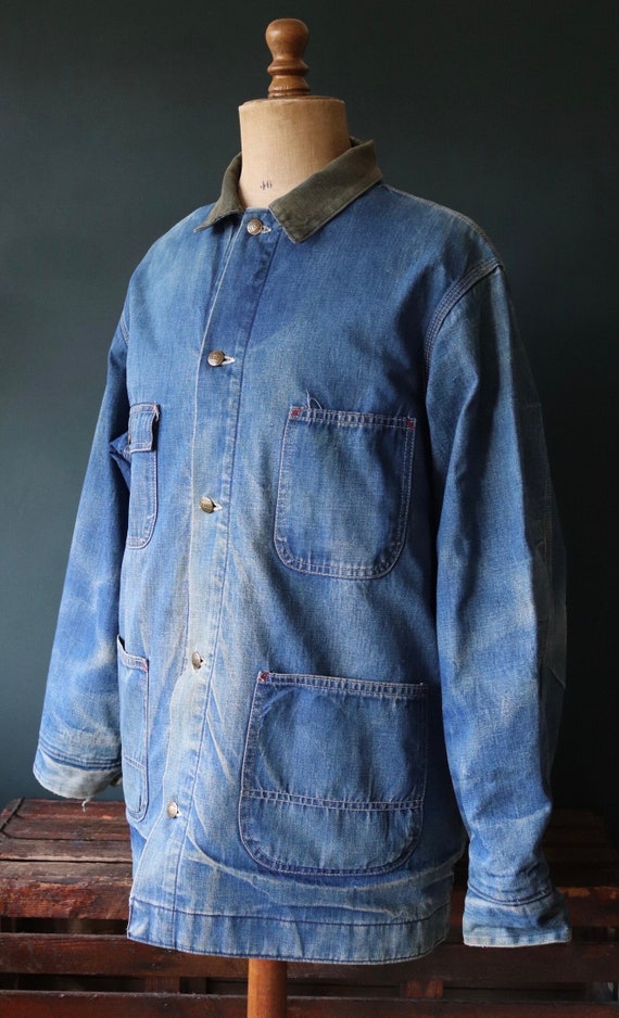 Vintage 1970s 70s 1980s 80s Sears Roebuck blue denim blanket lined barn chore jacket workwear work chore 53” chest whisker fades faded