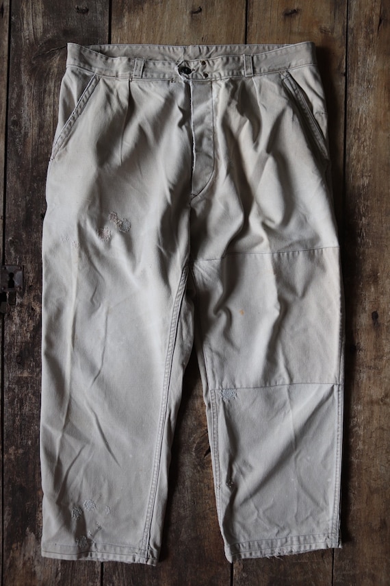 Vintage 1960s 60s French cream brown cotton twill work chore workwear trousers pants darned repaired 36” x 26”