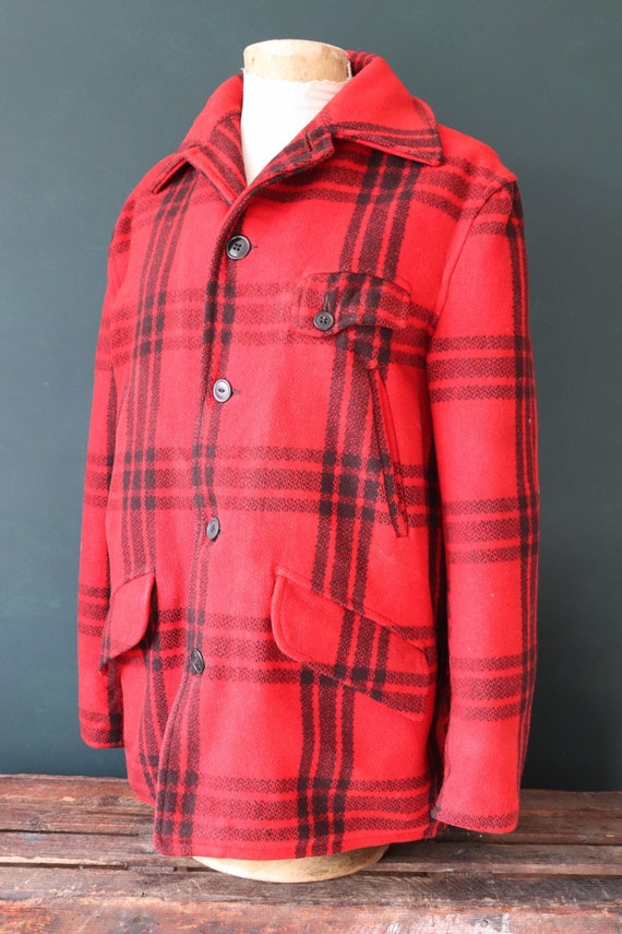 Vintage 1940S 40s 1950s 50s JC Higgins red black buffalo plaid wool checked jacket 48” chest hunting mackinaw