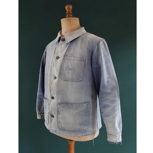 Vintage French Workwear Jacket: Faded Blue Cotton Twill Chore Coat