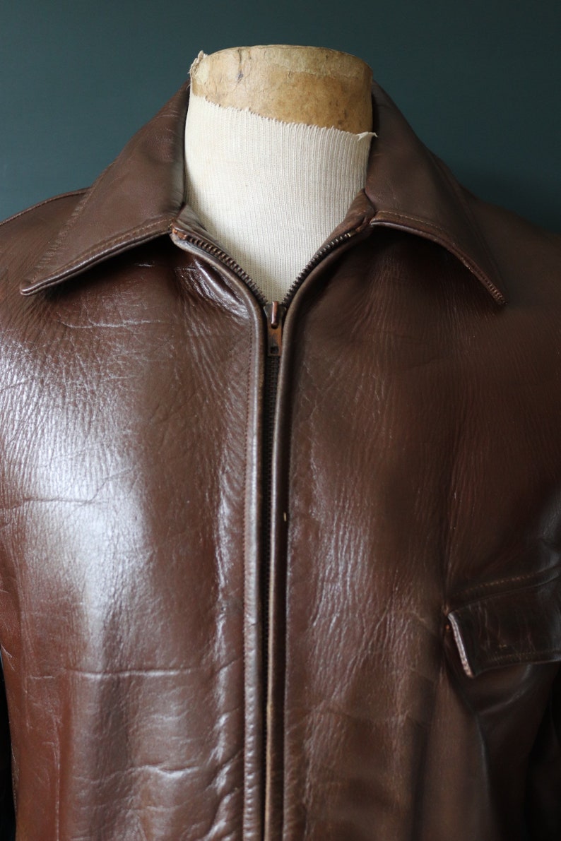 Vintage 1950s 50s Gertz brown horsehide pony hide leather car coat jacket Talon sports 42 chest half belt image 2