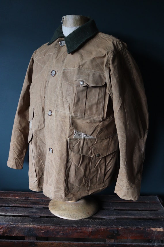 Vintage CC Filson tin cloth paraffin waxed cruiser jacket 49” chest workwear work chore waterproof hunting