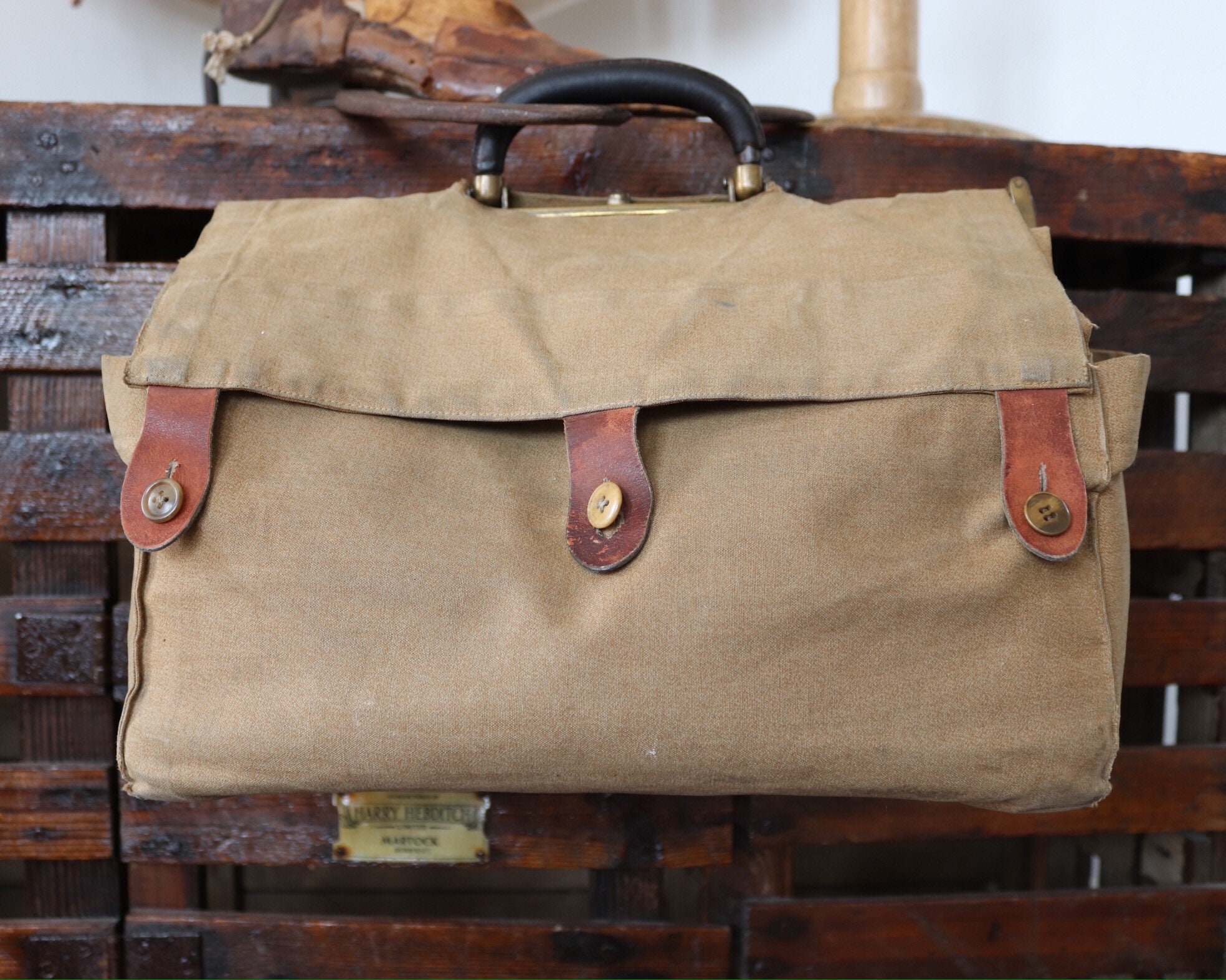 Vintage 1930s 30s 1940s 40s brown leather Gladstone bag with canvas  security cover military