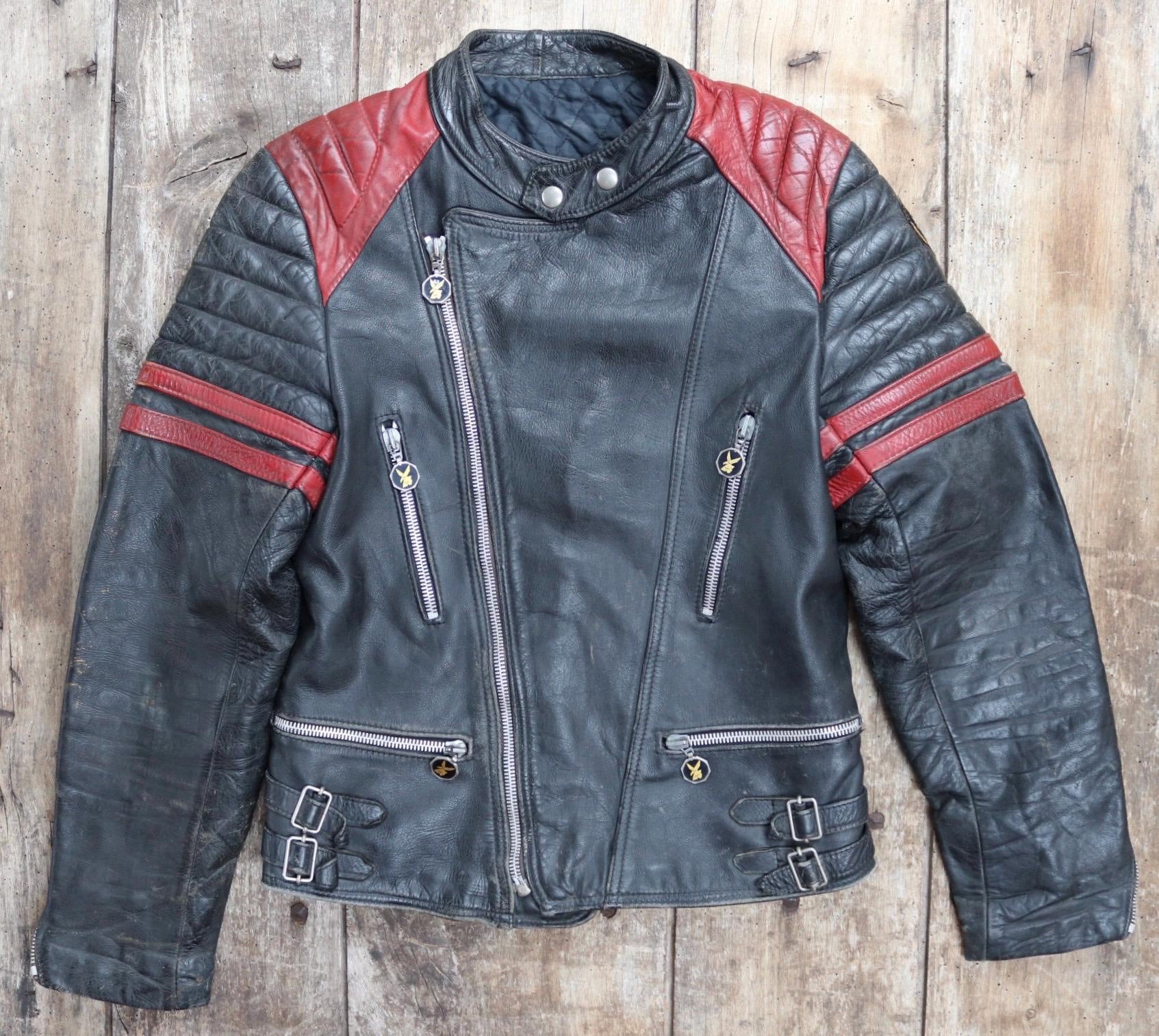 Giacca vintage anni '80 in pelle nera e rossa francese da