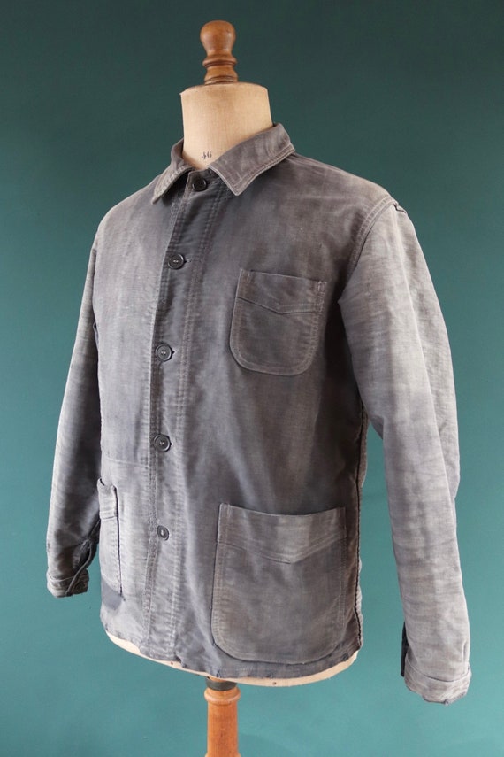 Vintage 1940s 40s Le Mont St Michel French black grey faded moleskin work jacket chore workwear darned repaired 43” chest