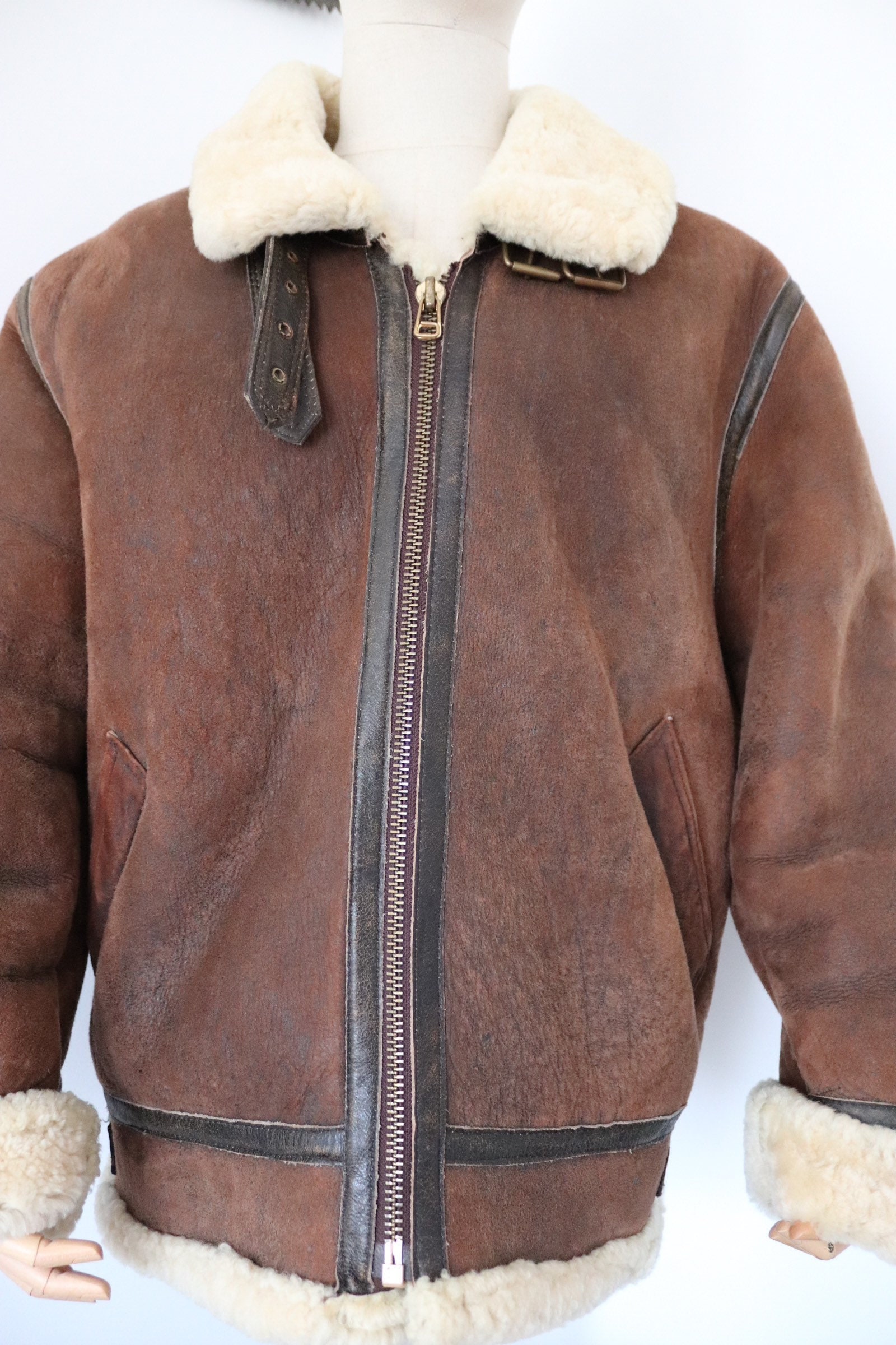 Vintage brown sheepskin suede mouton shearling B-3 style bomber jacket ...