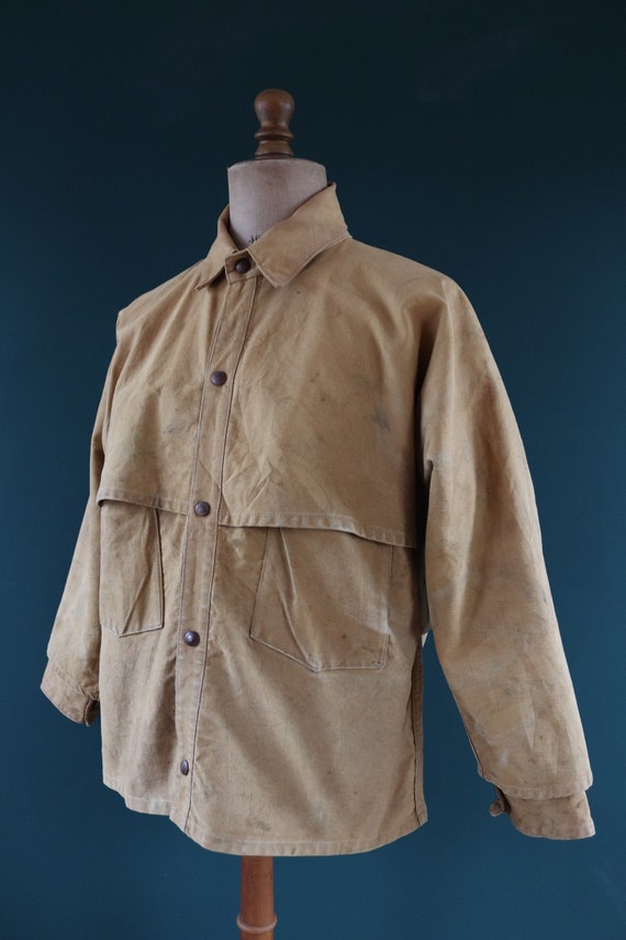 Vintage 1930s 30s Super Shedpel Union Made tin cloth duck cotton canvas logging logger lumber jacket 48” chest American workwear work chore