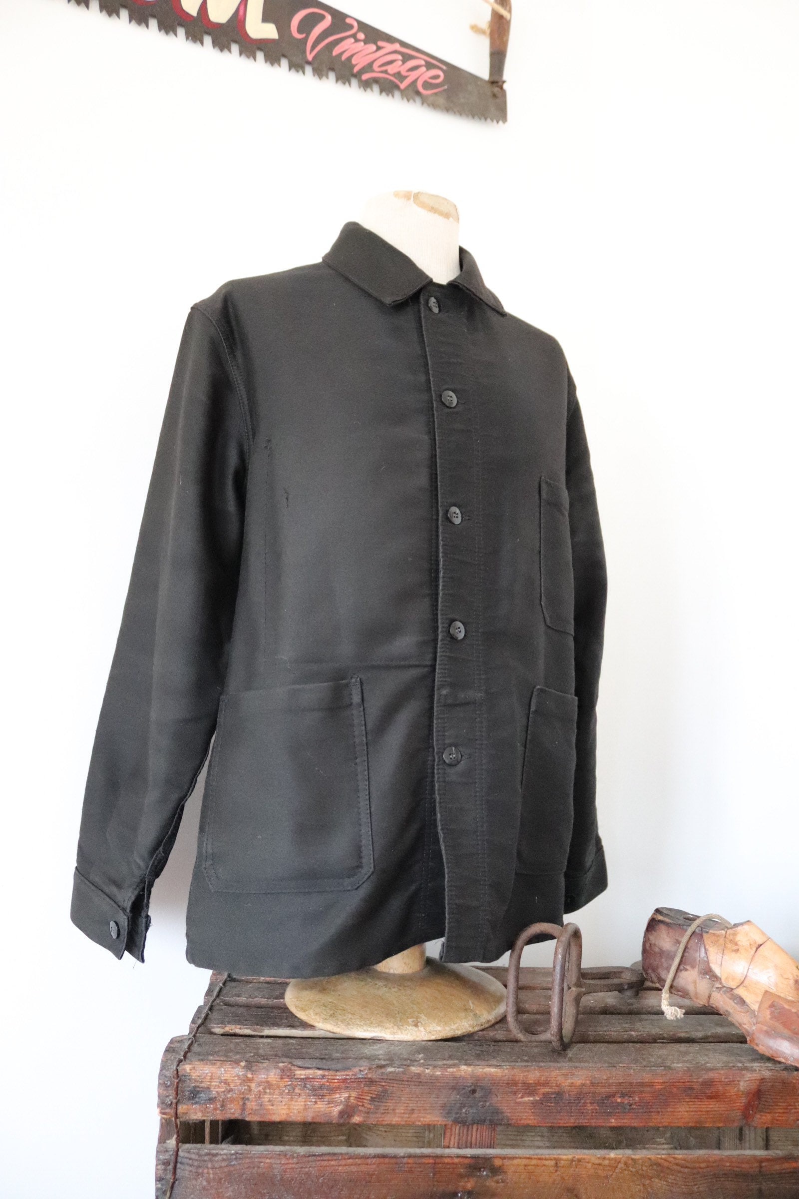 Vintage french black moleskin work chore jacket workwear Le Laboureur