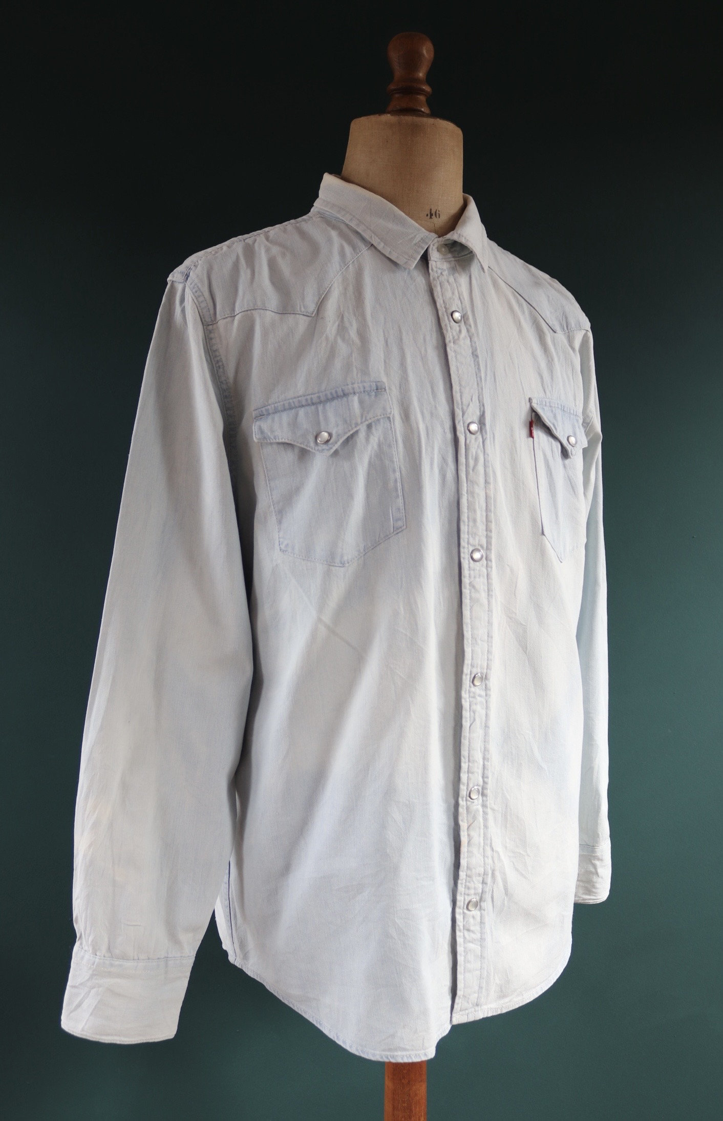 Vintage Levis Denim Cowboy Shirt - Pale Blue - Pearl Snap - Western Style -  47\, image size:1412x2188