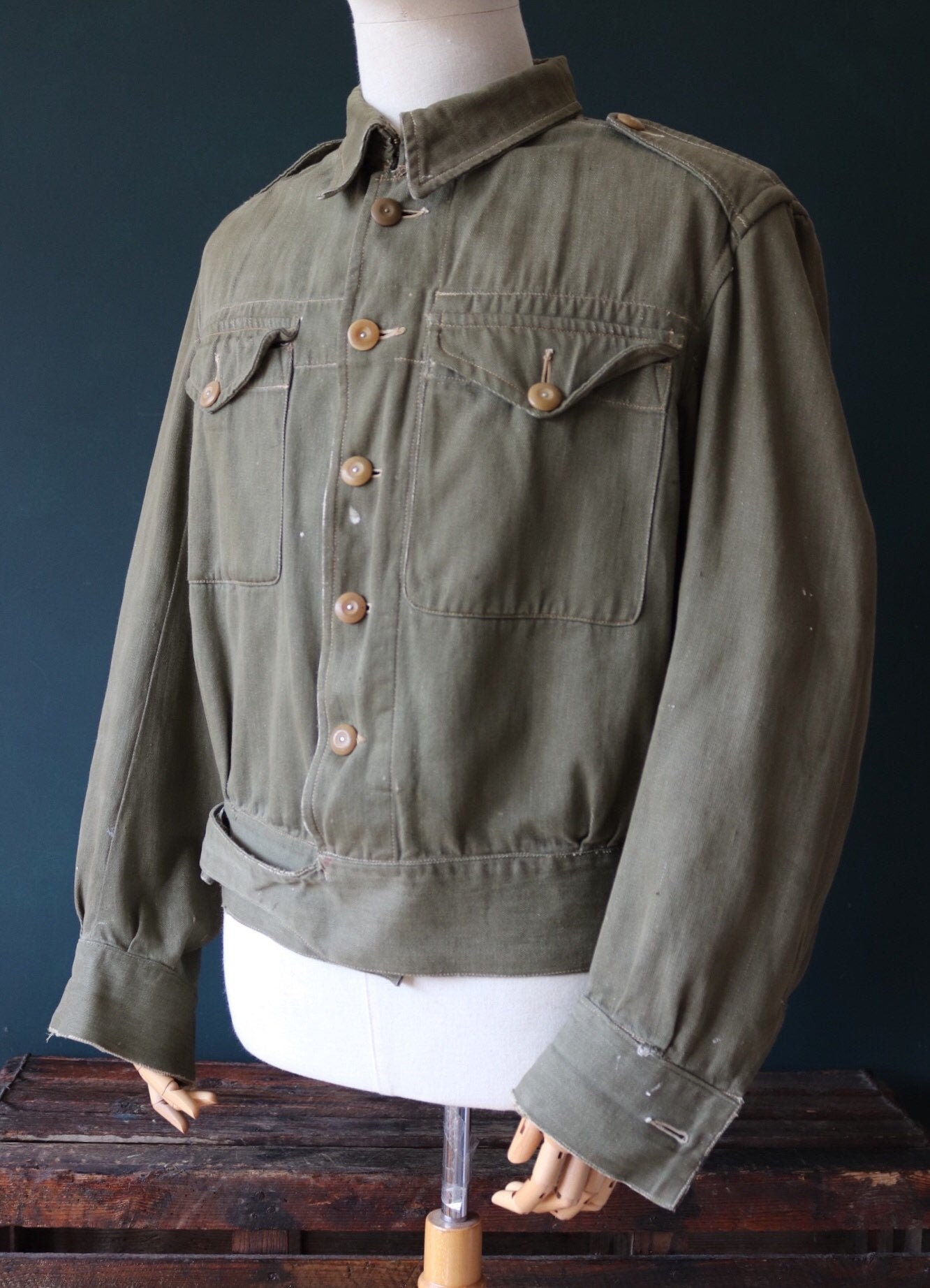 Vintage 1950s 50s khaki green British army denim blouse jacket overalls ...
