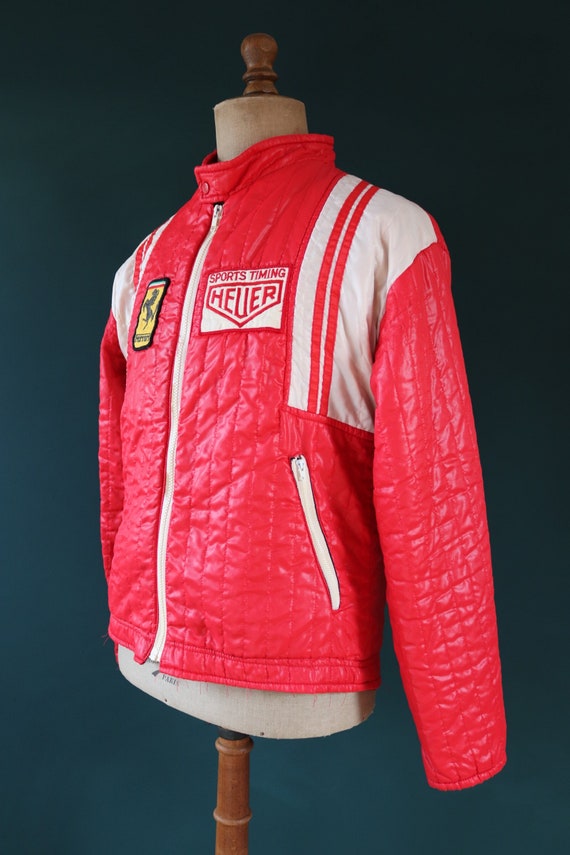 Vintage 1970s 70s 1980s 80s red white F1 Formula 1 Ferrari Heuer race pit crew team jacket 43” chest Niki Lauda