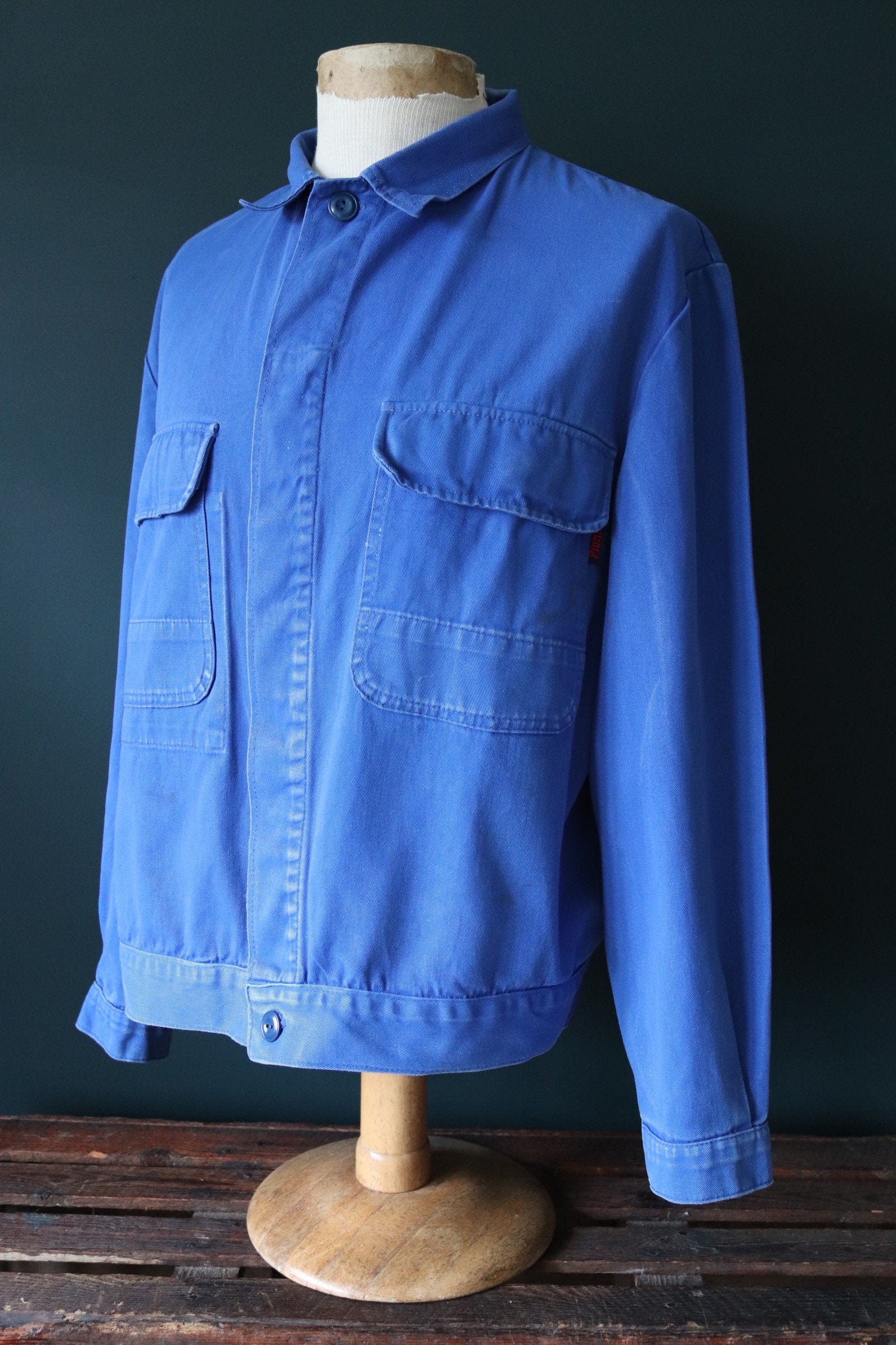 Vintage indigo blue French work chore jacket coat workwear 50” chest XL