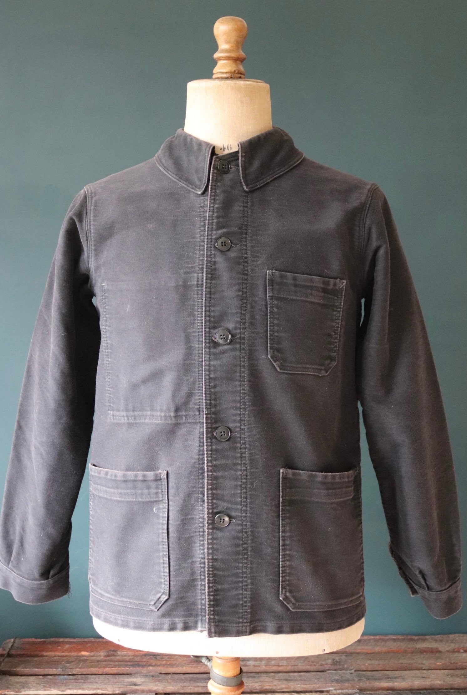 Vintage 1940s 40s 1950s 50s French Black Moleskin Work Jacket