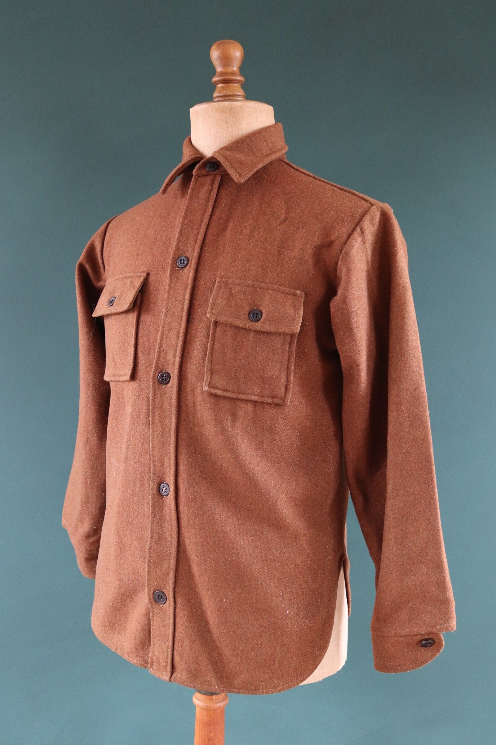 Vintage 1970s 70s 1980s 80s plain brown wool CPO shirt jacket hunting shooting 41 chest workwear work chore