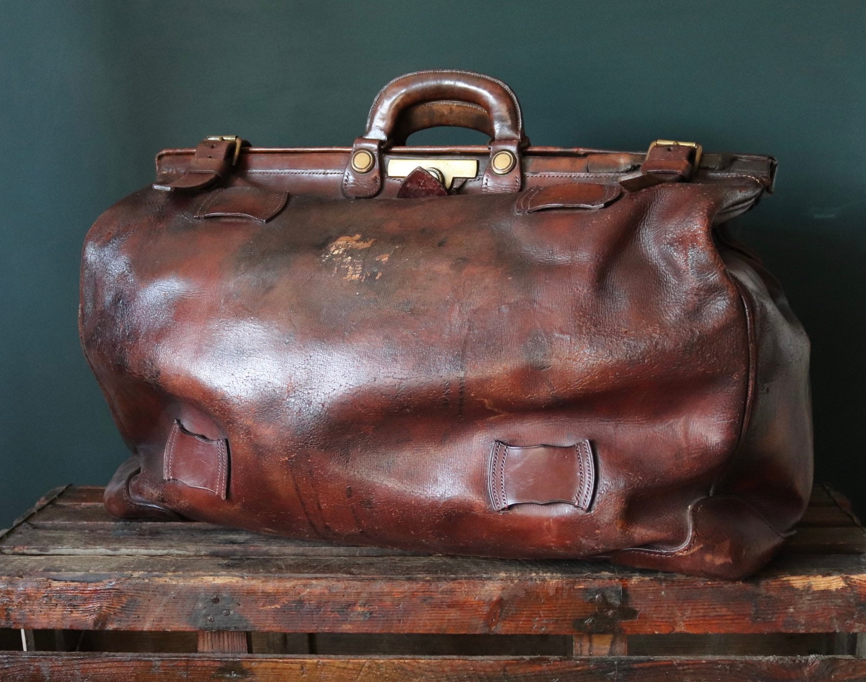 Vintage Antique 1890s 1800s Large Brown Leather Travel Luggage 