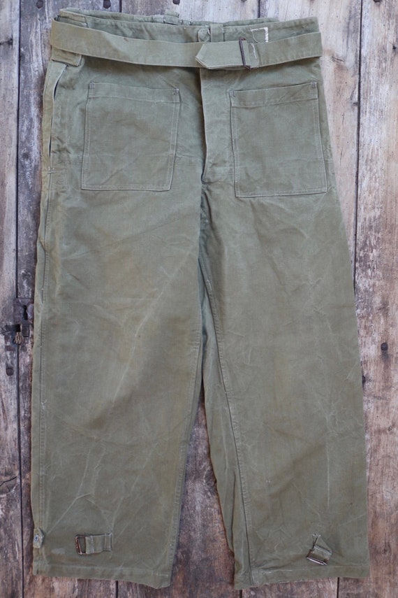 Vintage 1940s 40s 1950s 50s M47 French khaki green cotton overalls cargo trousers pants army military 37” x 29” workwear work chore wide leg