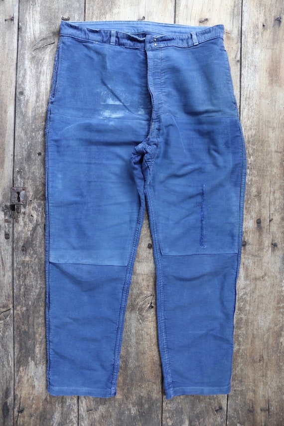 Vintage 1950s 50s 1960s 60s Le Mont French indigo blue moleskin cotton workwear work chore trousers pants 36” x 28”