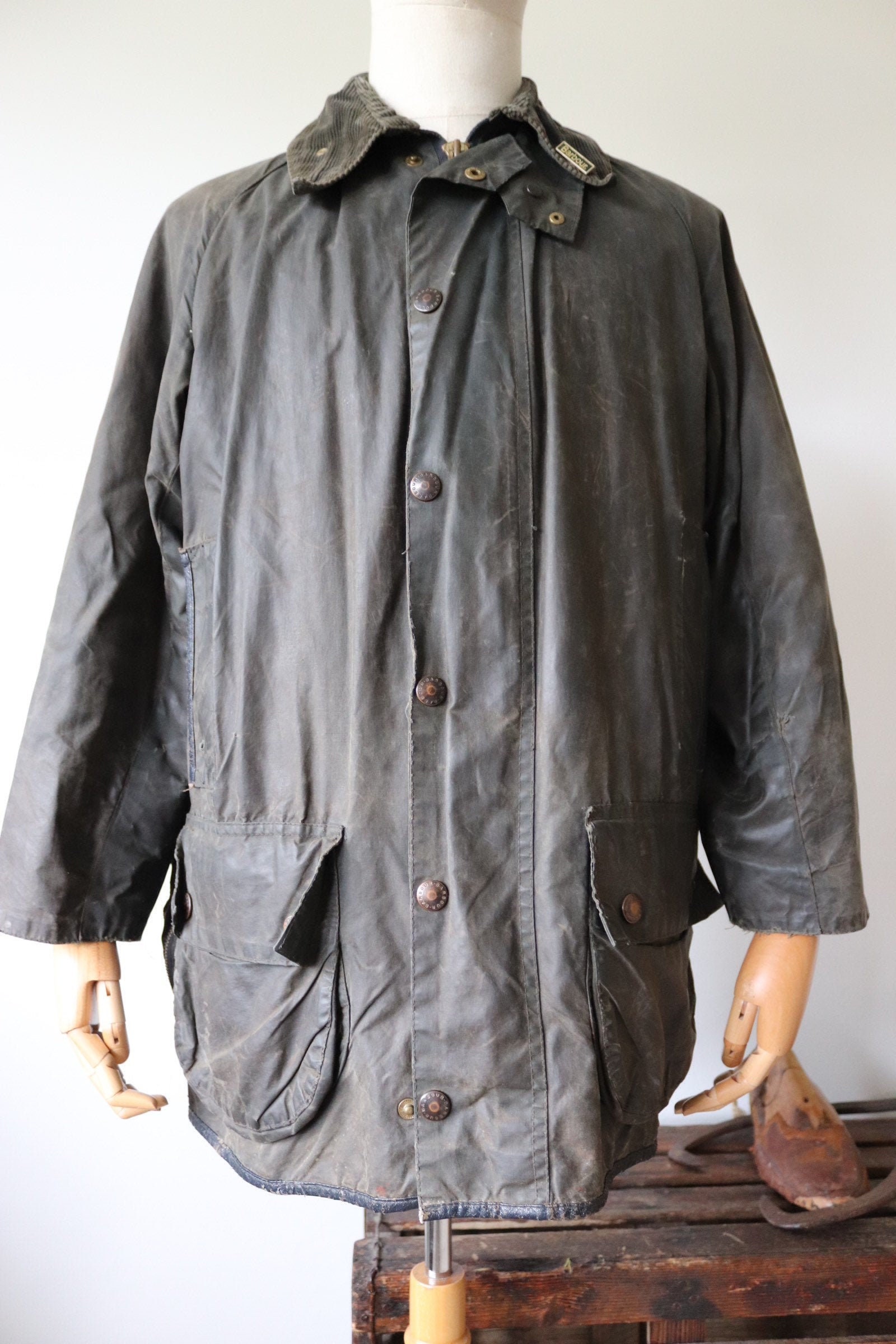Vintage 1980s 80s navy blue Barbour Beaufort waxed cotton jacket ...