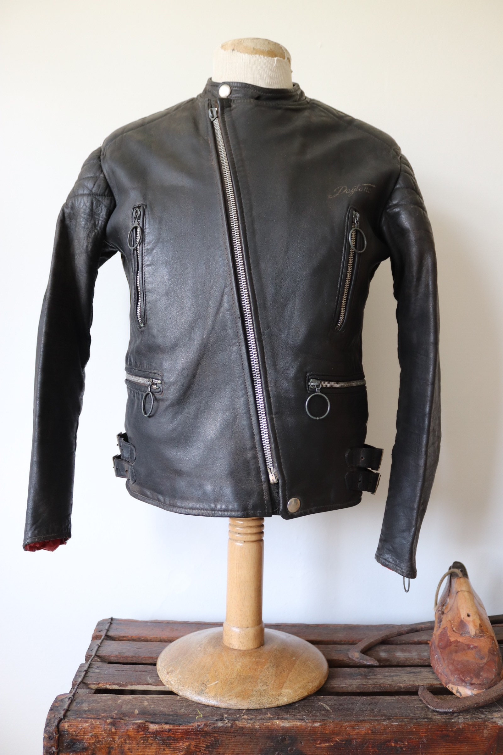 Vintage 1970s 70s black leather cafe racer jacket motorcycle biker ...