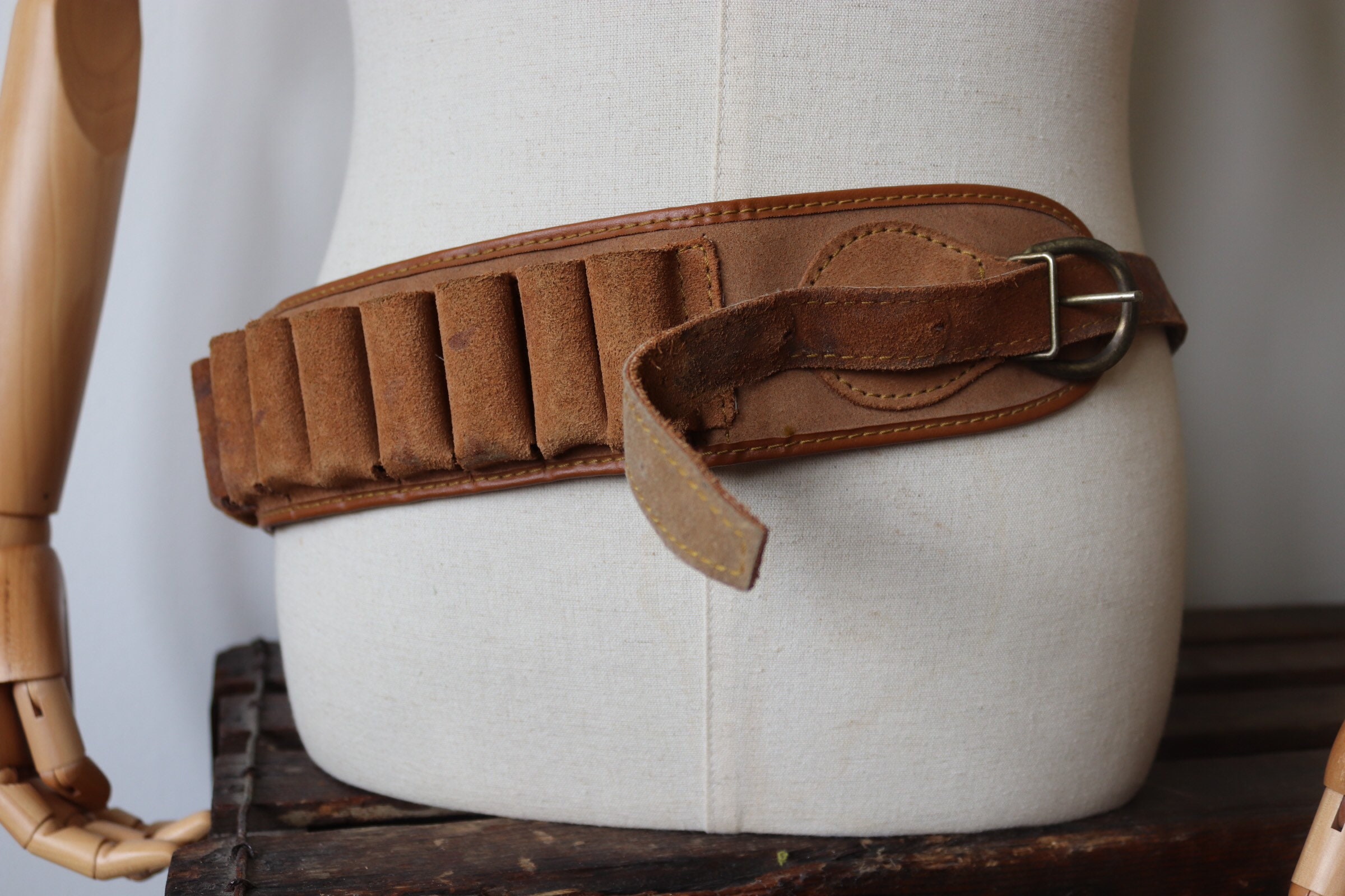Vintage 1970s 70s french brown leather suede cartridge belt hunting