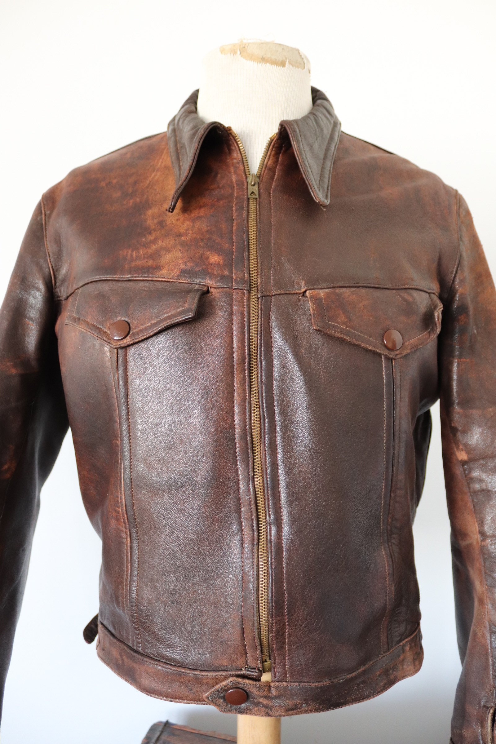 RESERVED Vintage 1940s 40s French brown leather blouson cyclist