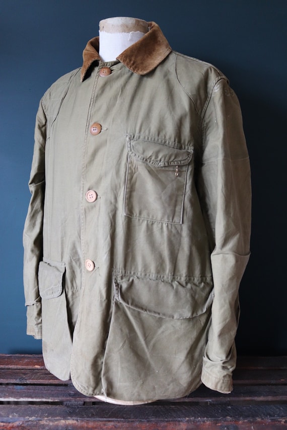 Vintage 1960s 60s Hettrick tan brown duck cotton canvas jacket hunting shooting American Talon zipper 52” chest workwear chore work XL