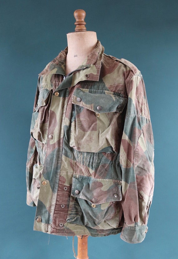 Vintage 1950s 50s Belgian Denison smock brushstroke camo camouflage anorak jacket 48” chest RAKA paratrooper donkey tail military