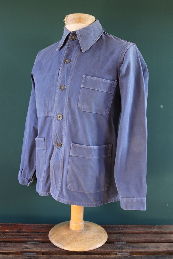 Vintage 1940s 40s 1950s 50s French blue work jacket workwear chore faded 40” chest bleu de travail cotton twill