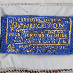 May include: A blue rectangular label with gold lettering and a gold border. The label reads "PENDLETON" and "100% VIRGIN WOOL" and "MADE IN U.S.A.". The label is sewn onto a light-colored fabric.