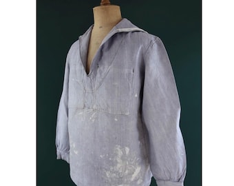 Vintage French linen sailor shirt - 1950s Marine Nationale - 44" chest