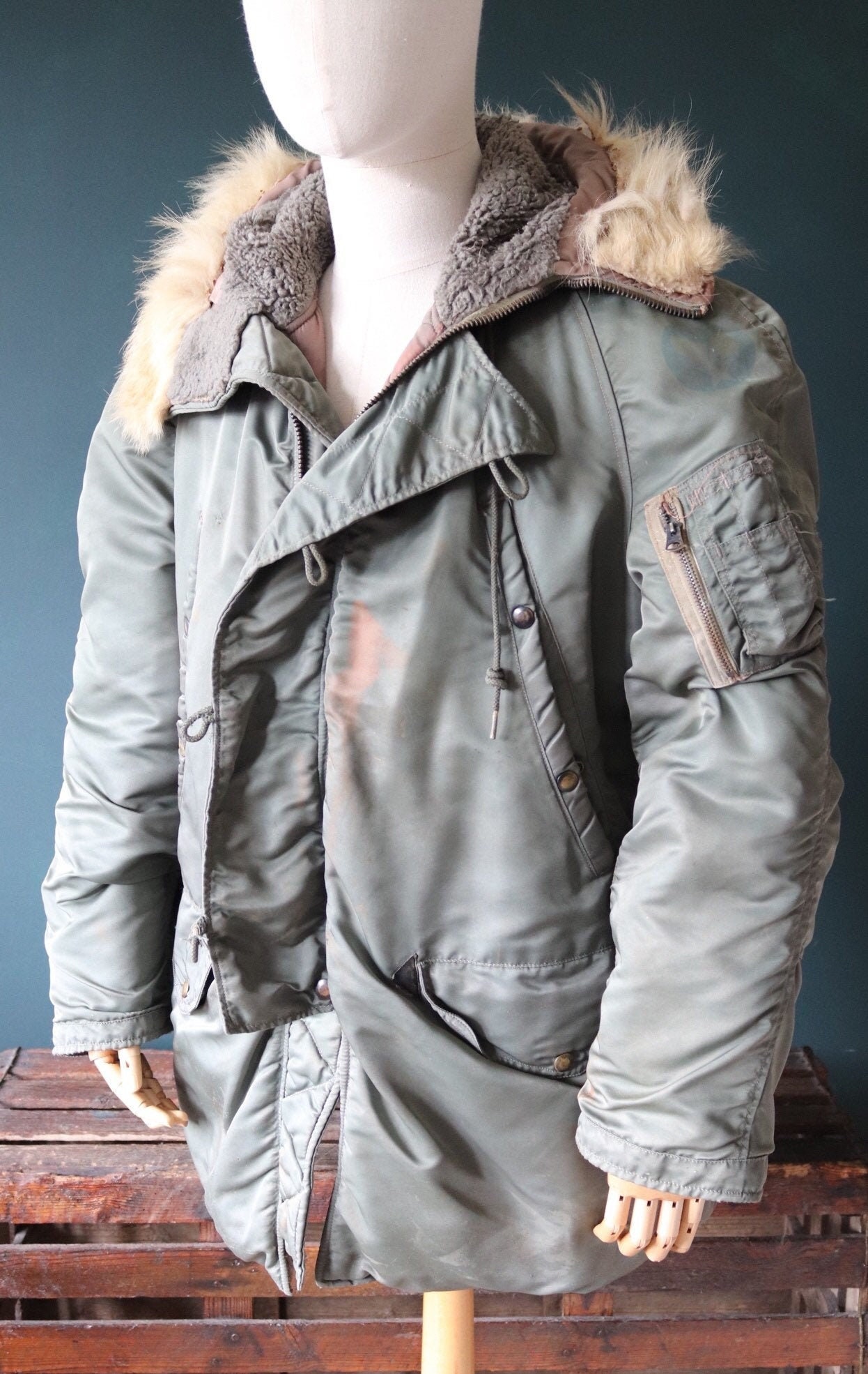 Vintage 1960s 60s USAF us Air Force N-3B N3B khaki green snorkel parka  jacket Skyline distressed extreme cold weather 46” chest military