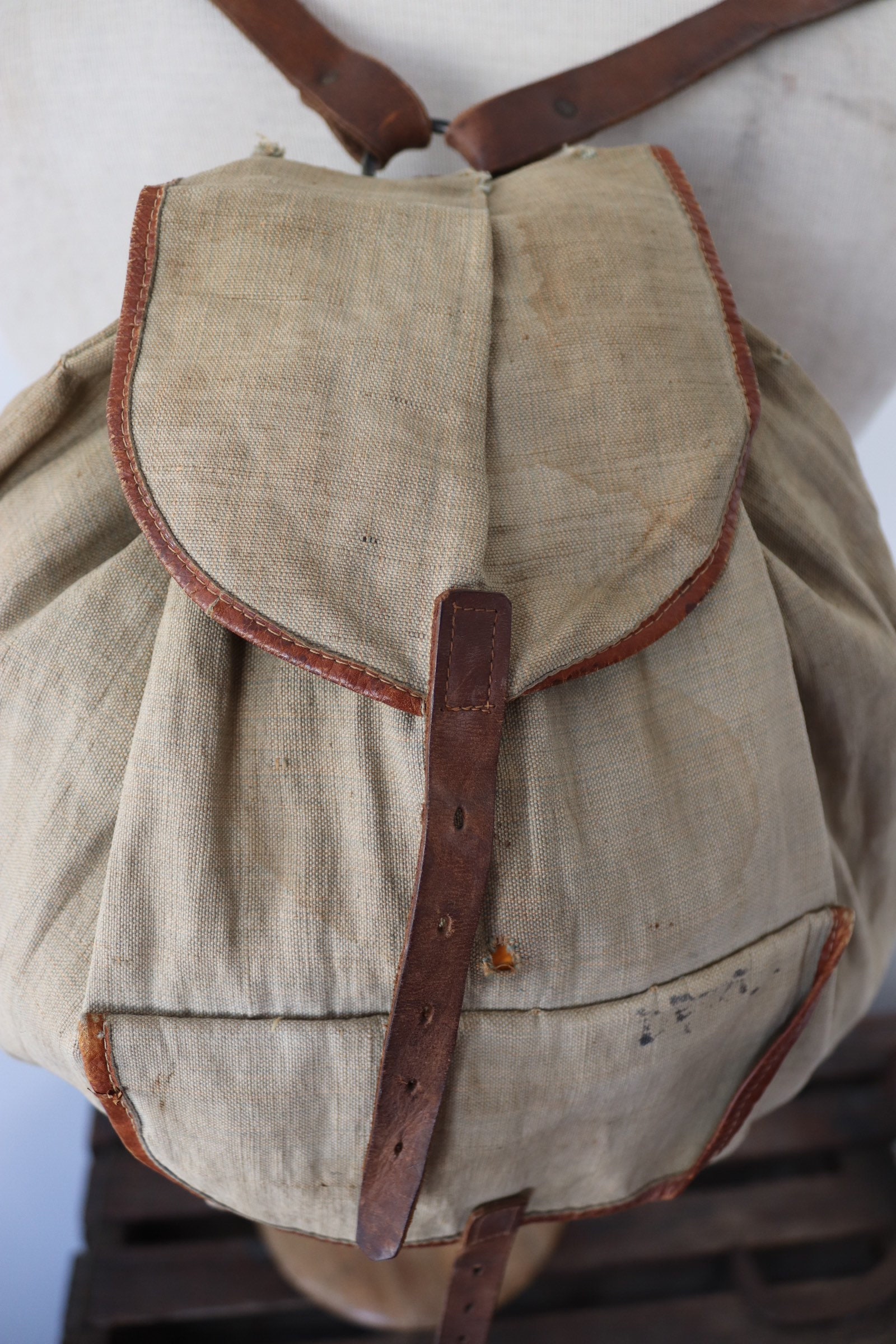 Vintage 1930s 30s cotton canvas leather backpack rucksack darned repaired walking hiking