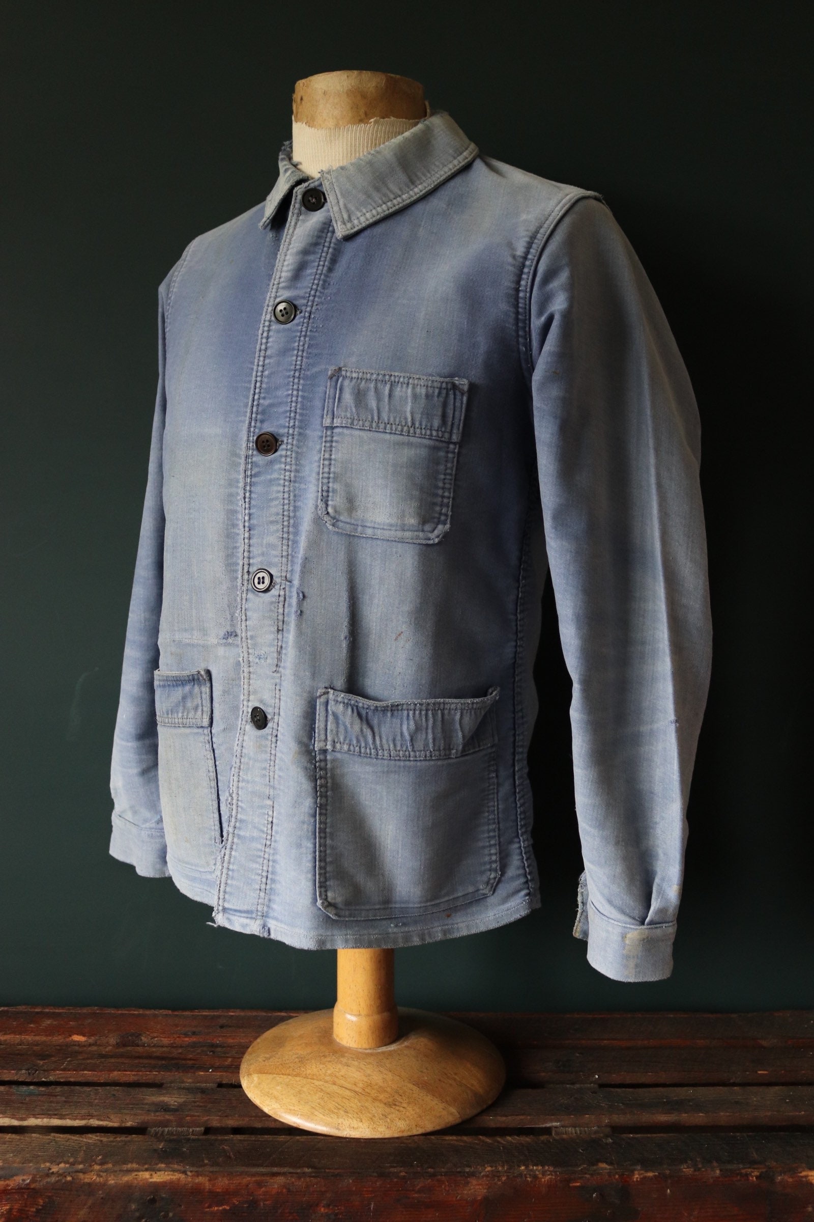 Vintage 1940s 40s 1950s 50s French blue moleskin work jacket chore ...