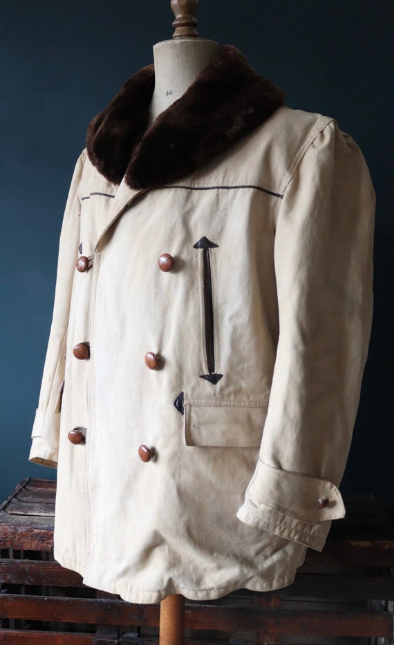 Vintage 1940s 40s French cream Canadienne barnstormer mackinaw jacket coat sheepskin cotton canvas 48” chest