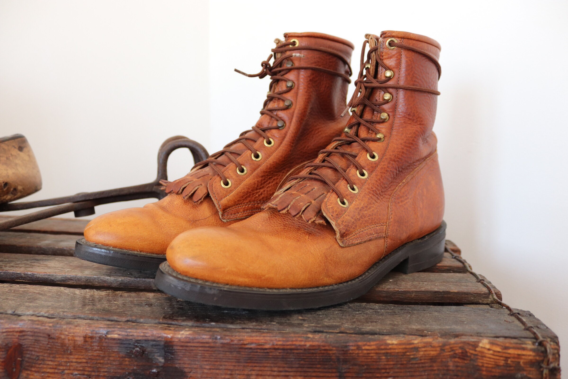 Vintage brown leather Texas packer kiltie lace up boots US 9.5 cowboy ...