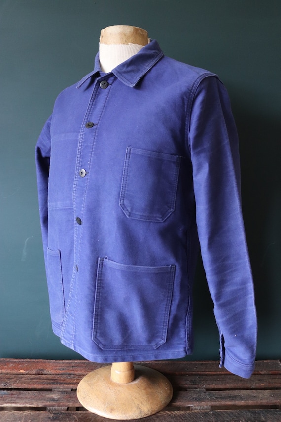 Vintage 1960s 60s French blue moleskin work jacket workwear chore faded 41” chest bleu de travail