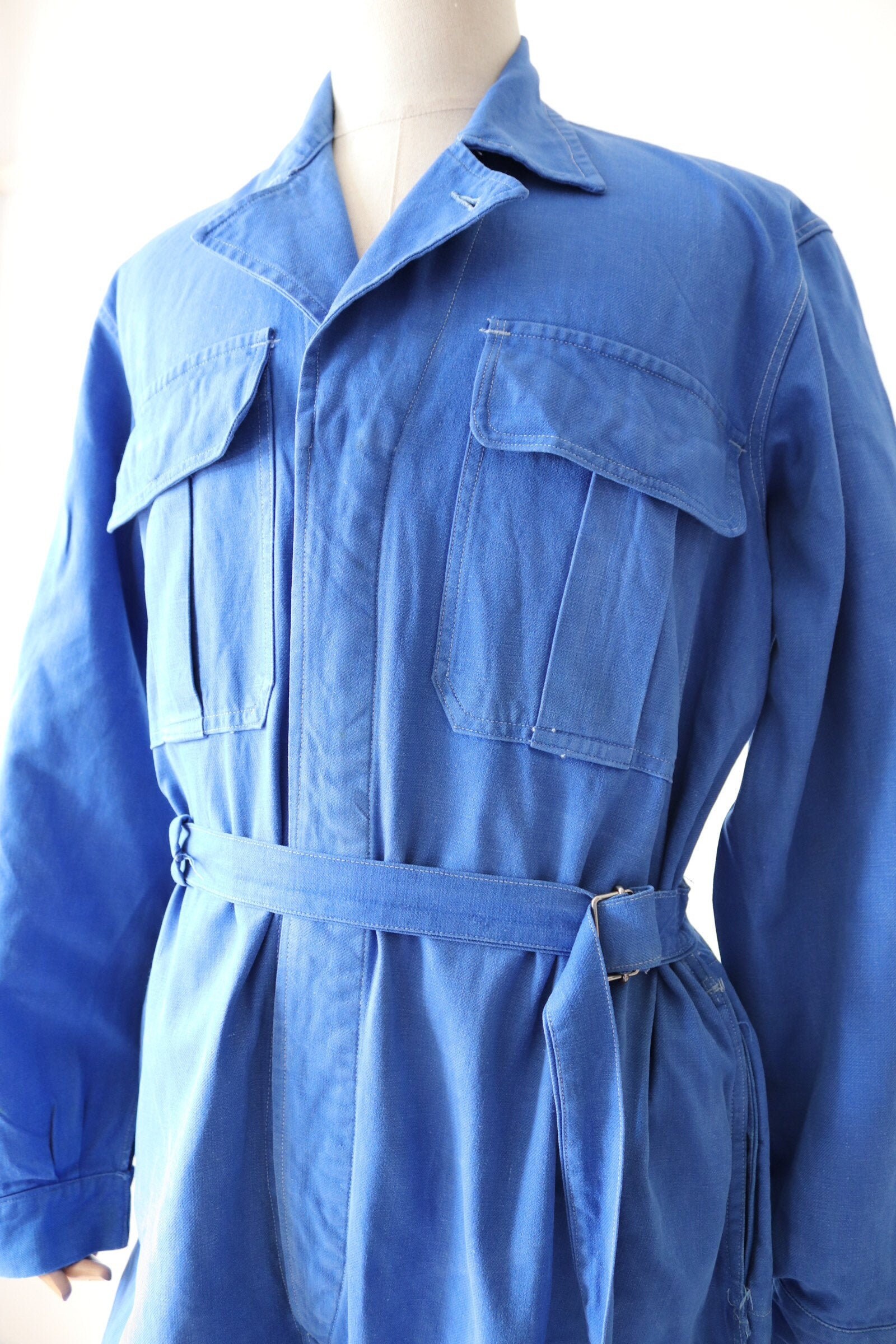 Vintage 1960s 60s french blue cotton twill belted overalls coveralls ...