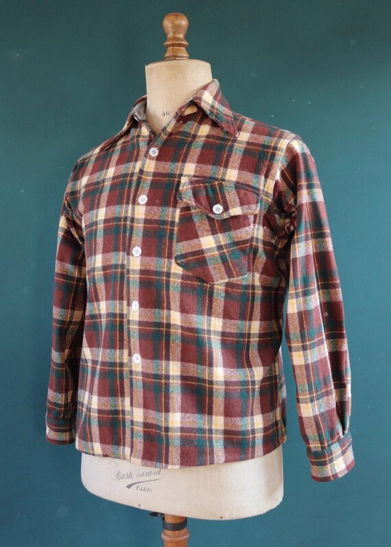 Vintage 1960s 70s Wool Shirt - Brown Green Cream Plaid - 44