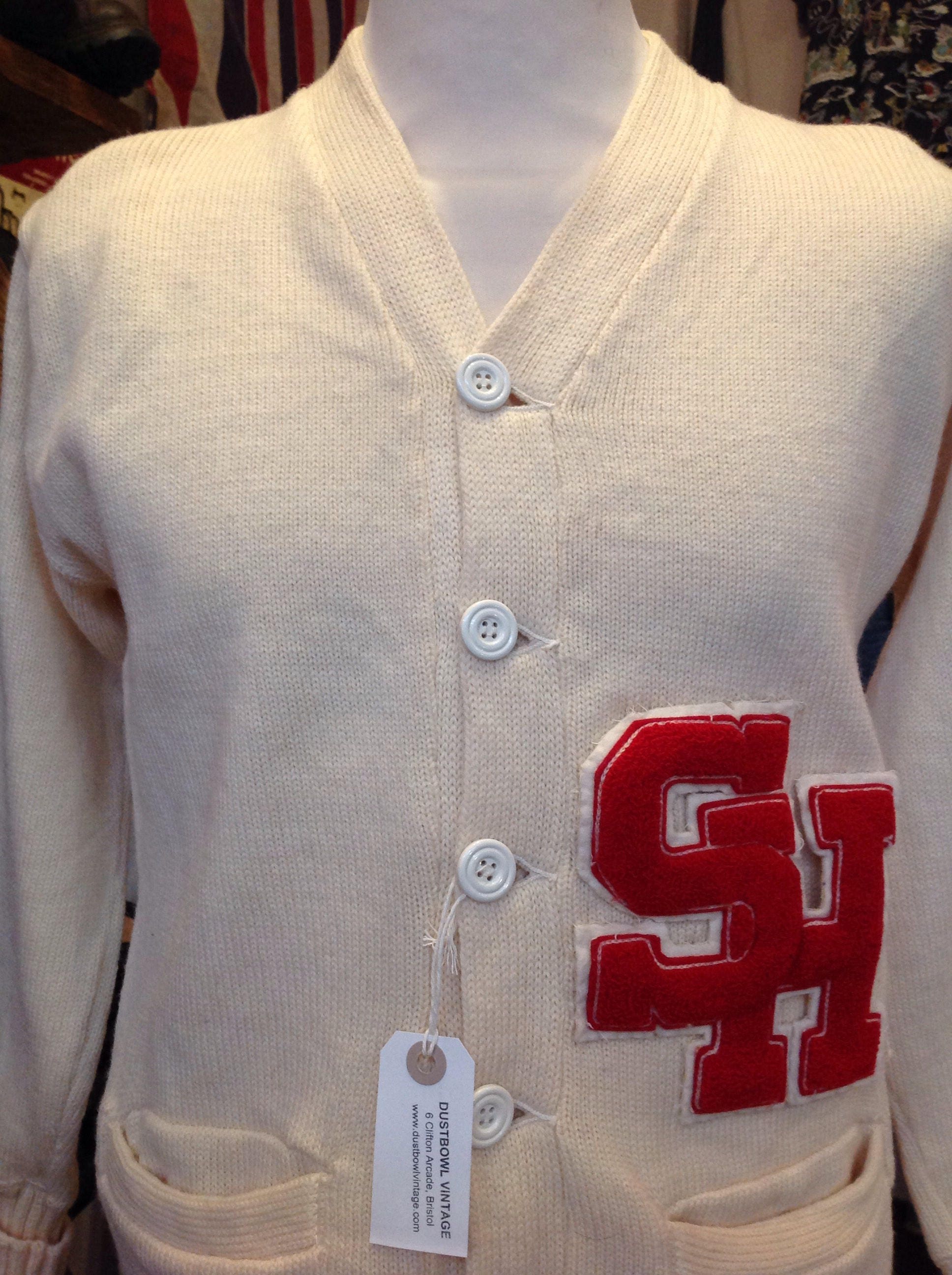 Vintage 1960s 60s white wool Stadium varsity college Letterman sweater cardigan Ivy League style