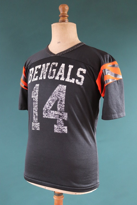 Vintage 1980s 80s Cincinnati Bengals American football black orange tiger stripe nylon durene shirt sports sportswear 41” chest NFL