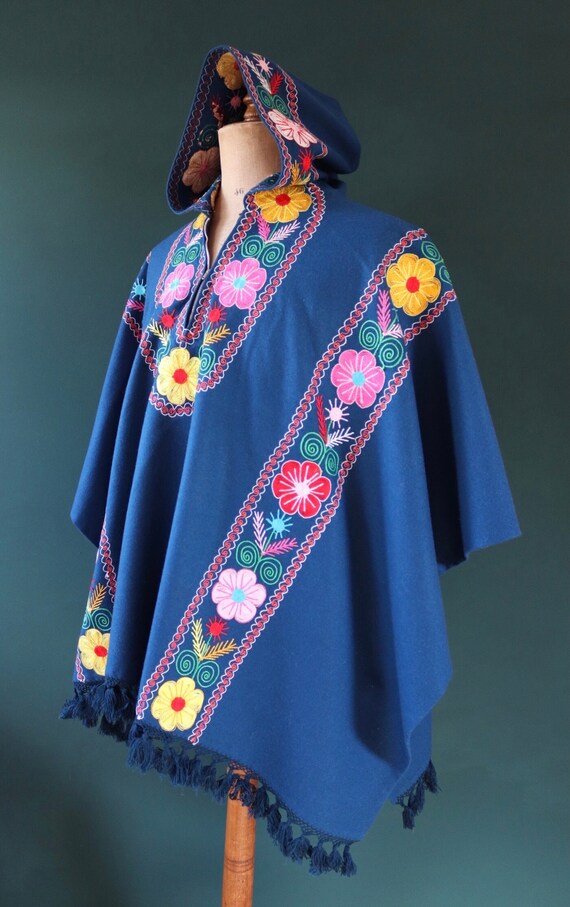 Vintage 1960s Embroidered Hippy Poncho - Hooded Cape - Blue