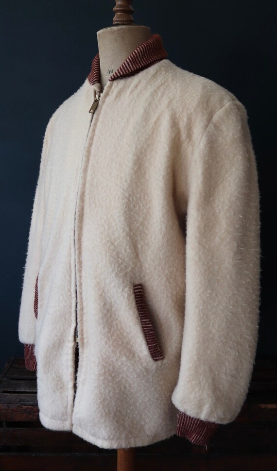 Vintage 1960s 60s Daniel Boone cream teddy fleece car clicker coat 49” chest rockabilly Crown zipper