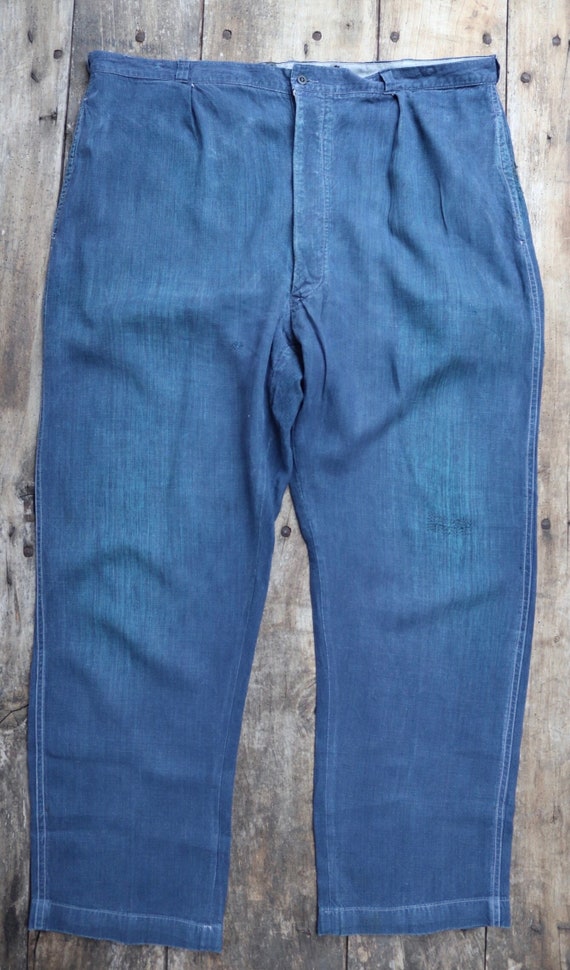 Vintage 1930s 30s 1940s 40s French indigo linen maquignon trousers pants work workwear chore repaired darned 45” x 34”