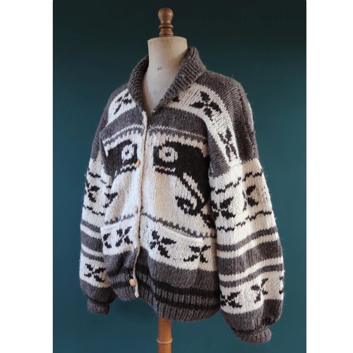 Vintage 1980s Cowichan Wool Cardigan Hand Knitted Chunky