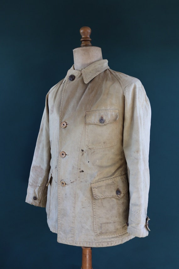 Vintage 1920s French Work Jacket Tan Brown Cotton Hunting Shooting 