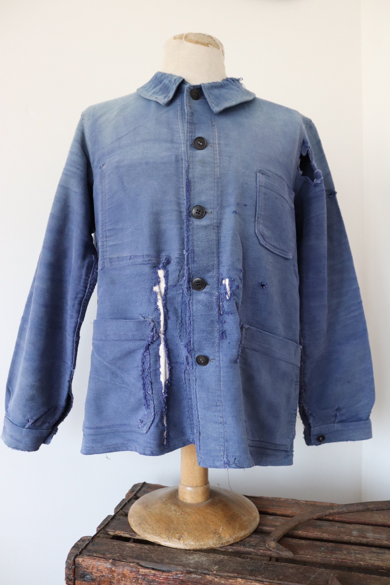 Vintage 1960s 60s french blue bleu de travail moleskin jacket repaired ...