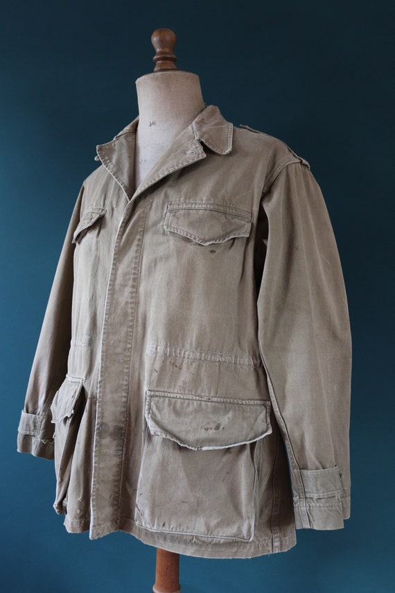 Vintage 1950s 50s French M47 M 47 army field utility jacket military 48” chest khaki green HBT herringbone cotton twill