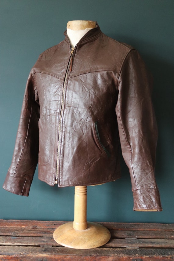 Vintage 1940s 40s 1950s 50s King O’North brown leather sports jacket motorcycle cafe racer pleated back half belt 39” chest Talon zipper